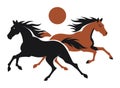 Two running horses, one black and one brown, with a stylized sun. Equestrian, freedom concept vector illustration Royalty Free Stock Photo