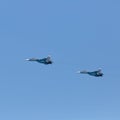 Two russian military jet planes Su-30 in sky Royalty Free Stock Photo