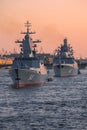 Two Russian warships on the evening Neva. St. Petersburg