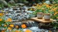 Two rustic ceramic mugs of coffee rest on bamboo tray over gentle stream