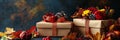 Two rustic gift boxes adorned with red and yellow fall flowers pinecones and leaves The boxes are on a textured background Royalty Free Stock Photo