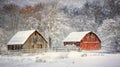 Two rustic red barns surrounded by snow, perfect for winter scenes or rural settings Royalty Free Stock Photo