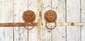 Two rusty ancient lion head door knocker decorate on grunge wooden door in Chinese style Royalty Free Stock Photo