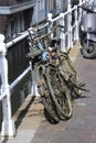 A vertical shot of two rusty bicycles leaned on the fence Royalty Free Stock Photo