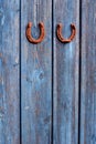 Two rusty hotseshoe lucky symbols on old blue wooden wall Royalty Free Stock Photo