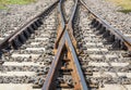 Two rusty old steel railway track switch,point two paths come together