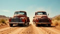 Two rusty pickup trucks drive side by side on a dusty road , lane, vehicles, parallel Royalty Free Stock Photo