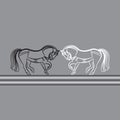 Two saddled racehorses stand opposite each other