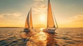 Two sailboats sailing in the ocean at sunset. Generative AI image.