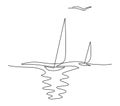 Two sailboats on sea waves. Seagull in the sky. Draw one continuous line. Vector illustration. Isolated on white background Royalty Free Stock Photo