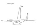 Two sailboats on sea waves. Seagull in the sky. Draw one continuous line. Vector illustration. Isolated on white background Royalty Free Stock Photo