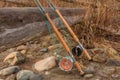 Two salmon spey fly rods resting on a log in the late afternoon sun