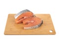Two salmon or trout steaks, slices of fresh raw fish on a cutting board over white background. Royalty Free Stock Photo