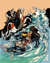 Two samurai crossing a stormy sea