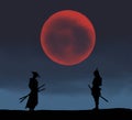 two samurai ready to fight under the red moon