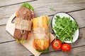 Two sandwiches with salad, ham, cheese and tomatoes Royalty Free Stock Photo