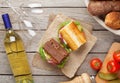 Two sandwiches with salad, ham, cheese and tomatoes with white w Royalty Free Stock Photo