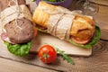 Two sandwiches with salad, ham, cheese and tomatoes Royalty Free Stock Photo