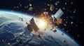 Two satellites clashing in orbit and creating space debris. Generative AI