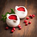 Two saucepan with cranberry sauce over wooden background Royalty Free Stock Photo