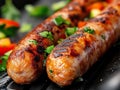 Two sausages are being cooked on a grill with vegetables Royalty Free Stock Photo