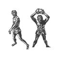 Two savages, Neanderthal men with stone. Graphic hand sketch. Vector Royalty Free Stock Photo