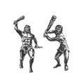 Two savages, Neanderthals with cudgel. Graphic hand sketch. Vector Royalty Free Stock Photo