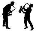Abstract music vector illustration with a silhouette of two saxophone players in action for jazz and other music Royalty Free Stock Photo