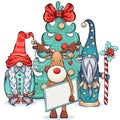 Two scandinavian gnomes and deer near the christmas tree Royalty Free Stock Photo