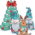 Two scandinavian gnomes and sitting deer near the christmas tree Royalty Free Stock Photo