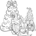 Two scandinavian gnomes and sitting deer near the christmas tree Royalty Free Stock Photo