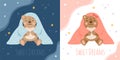 Two scenes with sleeping teddy bear in a blanket. Boy and girl bears. Cute animals for nursery. Vector flat illustration