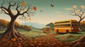 Two school buses on the rural road. Generative AI