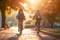 School children ride bicycles along the road in a city park. Children with backpacks on bicycles going to school. Generative AI Royalty Free Stock Photo