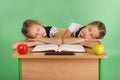 Two school girls sleeping on a stack of books at her desk Royalty Free Stock Photo