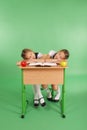 Two school girls sleeping on a stack of books at her desk Royalty Free Stock Photo