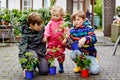 Two school kids boys and little toddler girl with tomato and cucumber seedings. Three children gardening in spring on Royalty Free Stock Photo