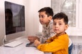 Two schoolboys  boys doing their homework with a computer. Royalty Free Stock Photo