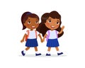 Two schoolgirls going to school flat vector illustration. Couple pupils in uniform holding hands isolated cartoon characters. Royalty Free Stock Photo