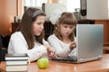 Two schoolgirls performs task using notebook Royalty Free Stock Photo