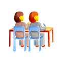 Two schoolgirls twin sisters sit at the same wooden desk and study, listen, watch on a white background in isolation