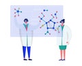 Two scientists, male and female, discuss molecular structures in a lab. Professional chemists in lab coats analyze