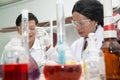 Two scientists are working in laboratory.Young female researcher and her senior supervisor are doing investigations on laboratory. Royalty Free Stock Photo
