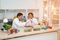 Two scientists are working in laboratory.Young female researcher and her senior supervisor are doing investigations on laboratory. Royalty Free Stock Photo