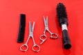 Two Scissors hairdressing scissors and hairbrushes Royalty Free Stock Photo
