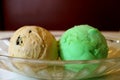 Two Scoops of Chocolate Chip and Lime Sherbet Ice Cream in a Glass Bowl Royalty Free Stock Photo