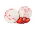 Two scoops of vanilla-strawberry ice cream with fresh strawberri