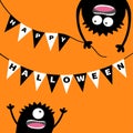 Two screaming monster head silhouette. Bunting flags pack Happy Halloween letters. Flag garland. Hanging upside down. Black Funny
