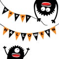 Two screaming monster head silhouette. Bunting flags pack Happy Halloween letters. Flag garland. Hanging upside down. Black Funny