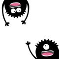 Two screaming monster set. Happy Halloween card. Head silhouette. Eyes, teeth, tongue, hands. Hanging upside down. Black Funny Cut